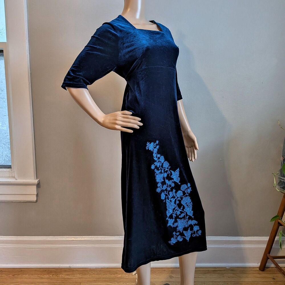 Vintage 90s Y2K Brooke Lindsay Blue Velvet Midi Dress Floral Glitter Butterfly